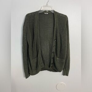 Fossil Green Open Knit Cardigan Sweater Button Front Size Medium